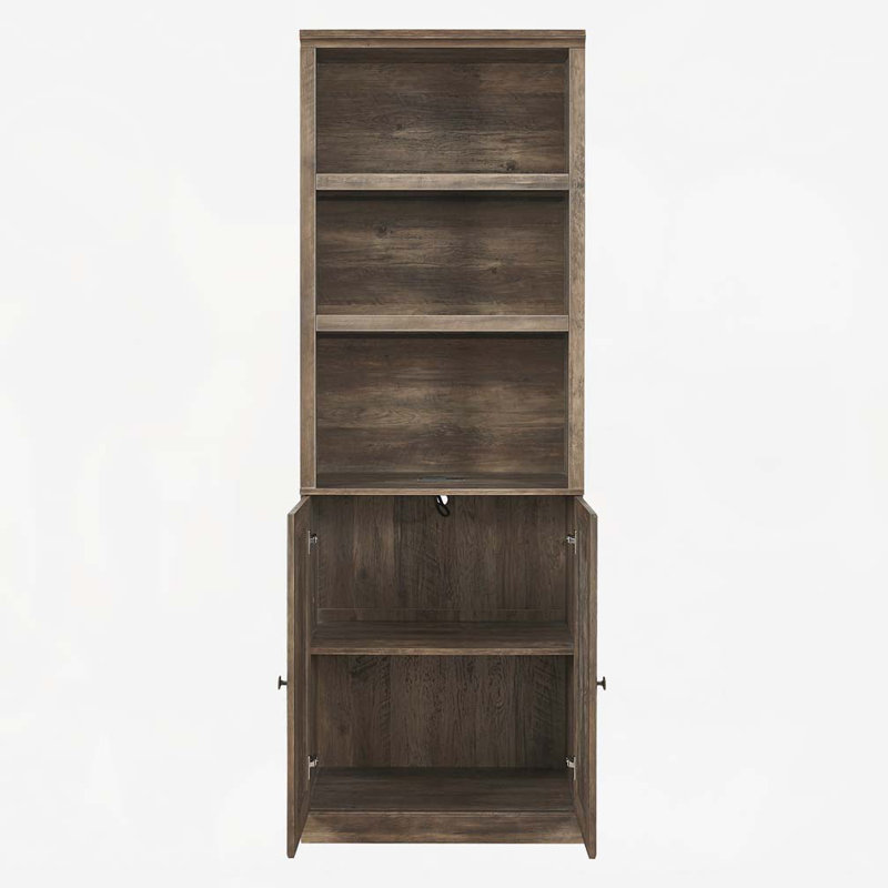 Bibliothèque 1 porte avec port USB et 3 tablettes ouvertes avec tablettes latérales, brun rustique, Brun