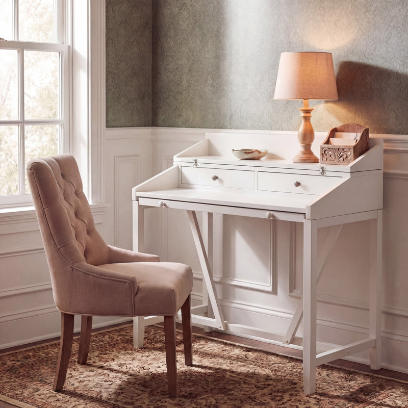 Bureau en bois massif avec rehausse Brileigh, Blanc