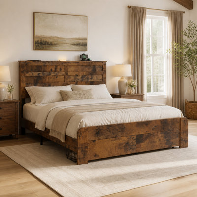 Full Size Metal and MDF Platform Bed Frame with LED Lights, Charging Station and Storage Drawers, Dark Brown