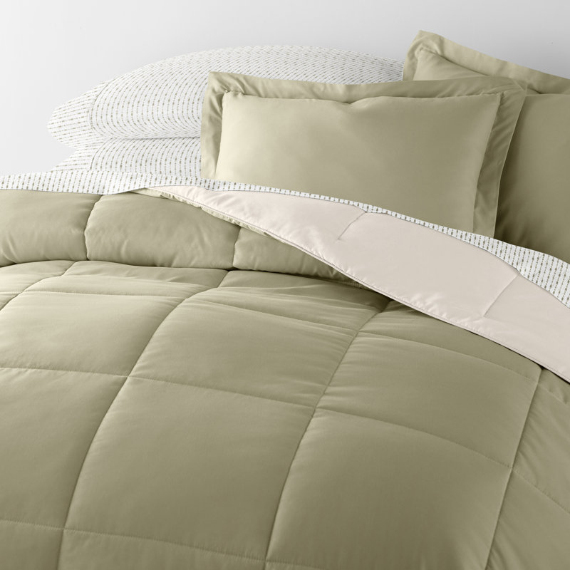 7-Piece Reversible Bedding Bundle - Solid Comforter and Patterned Sheet Set, California King Comforter + 1 Additional Piece