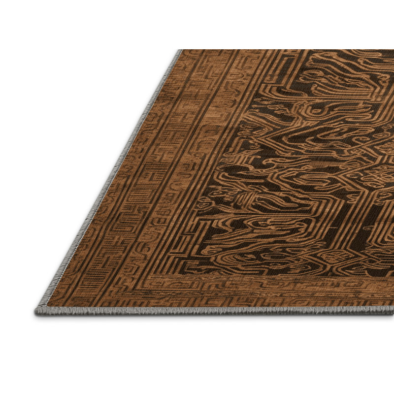 Tapis art déco brun lavable à la machine, Carré 3 pi