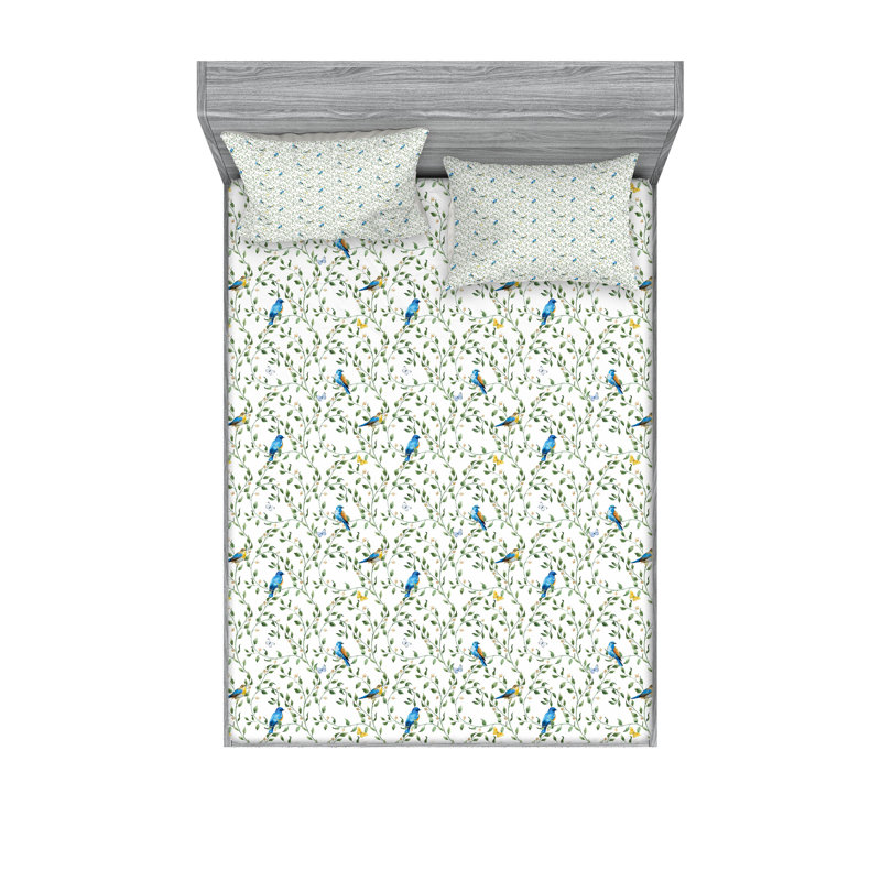 Drap-housse et coussin décoratif Ambesonne oiseaux vert réséda multicolore, Ensemble de draps pour grand lit + 5 pièces suppl