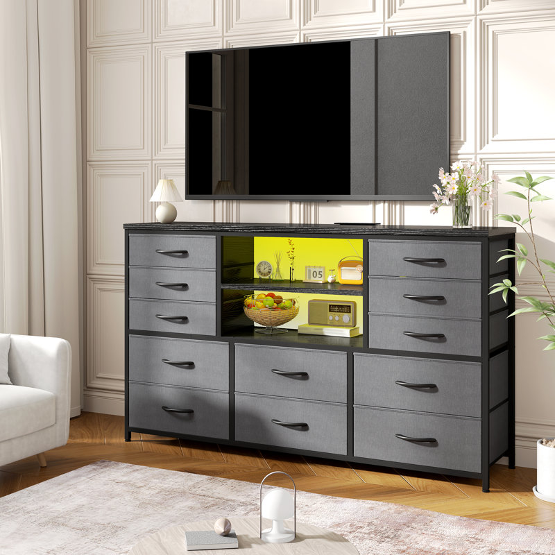 12-drawer Dresser With Led Lights & Outlets - Metal Frame Tv Stand For 60'' Screens, Versatile Use, Gray