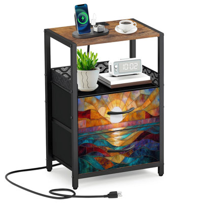 Table de chevet avec 2 tiroirs en tissu et station de charge
