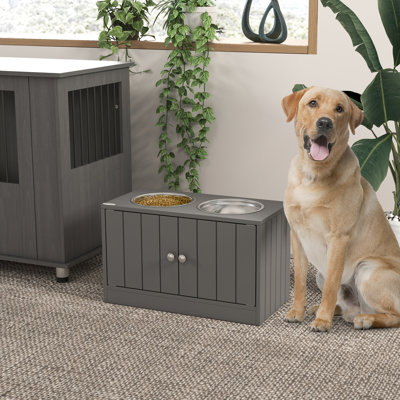 Gray Elevated Pet Bowls With Storage, Feeding Station, 44L Dog Magnetic Closure, Cabinet,