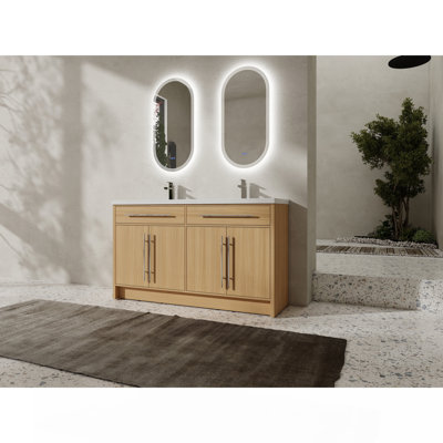 60" Freestanding Bathroom Vanity With Resin Sink, 4-Soft Closing Door, Original Oak, Plywood (KD-PACKING)