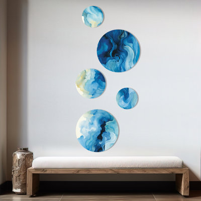 Blue Tidal Ripple Symphony - Abstract Collages Round Wall Art Set Of 5