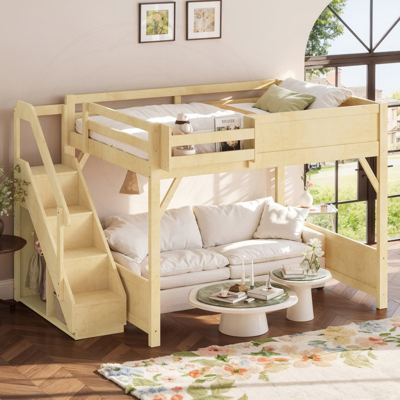 Grand lit mezzanine avec garde-robe intégrée et espace de rangement, Natural