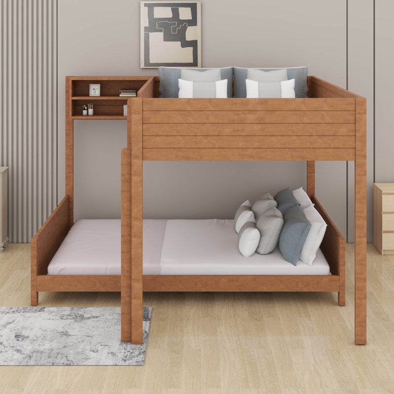 Lit superposé en bois avec tablette et échelle de rangement intégrées, lit superposé peu encombrant avec support à lattes