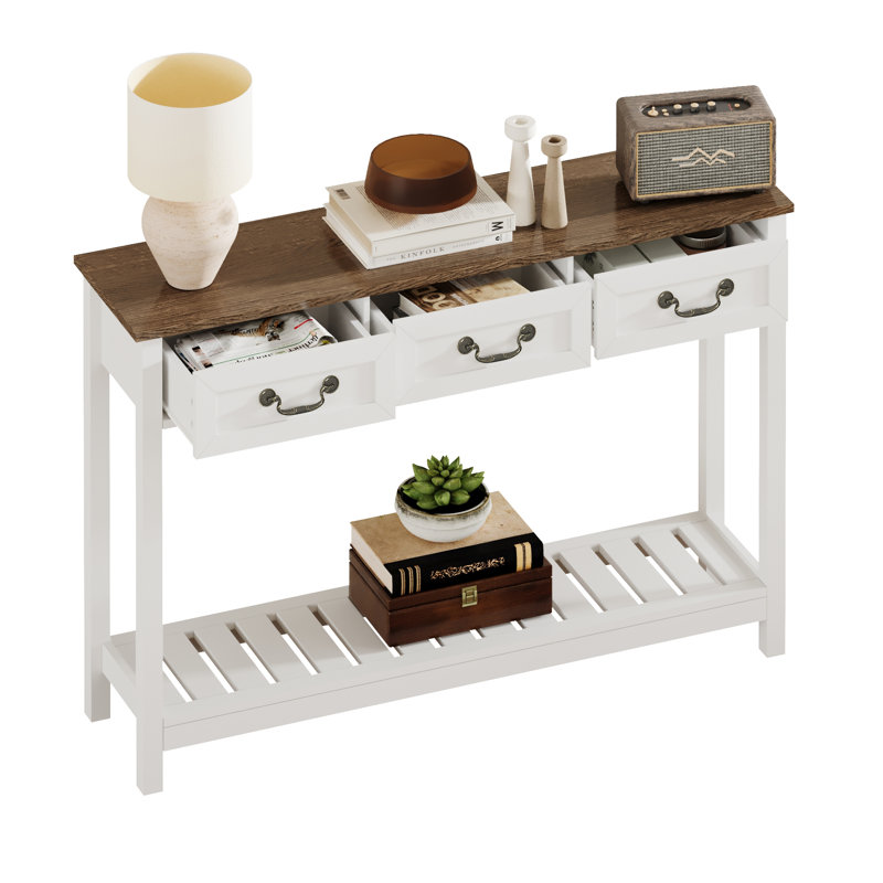 Console l 47,2 po avec 3 tiroirs et tablette de rangement, Naturel / Blanc