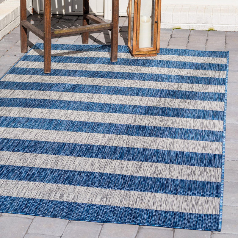 Tapis rayé bleu / gris intérieur / extérieur Simoes, Carré 6 pi 1 po
