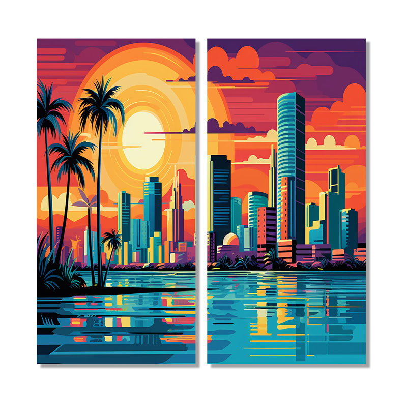 Pop Art Miami Cityscape I - Art mural glamour, H 32 po x l 32 po, Toile tendue, Ne s’applique pas