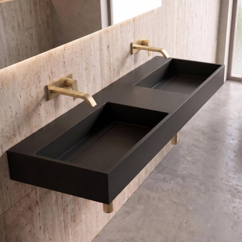 Lavabo de salle de bain mural moderne 60 "avec bonde dissimulée Juniper - noir, sans trou de robinet Juniper, Aucun trou