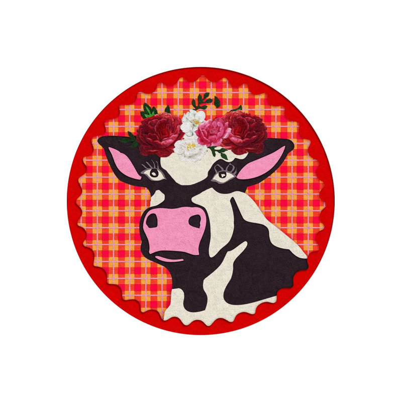 Multicolored Cow And Flower Figured Carpet, Round 2'8"