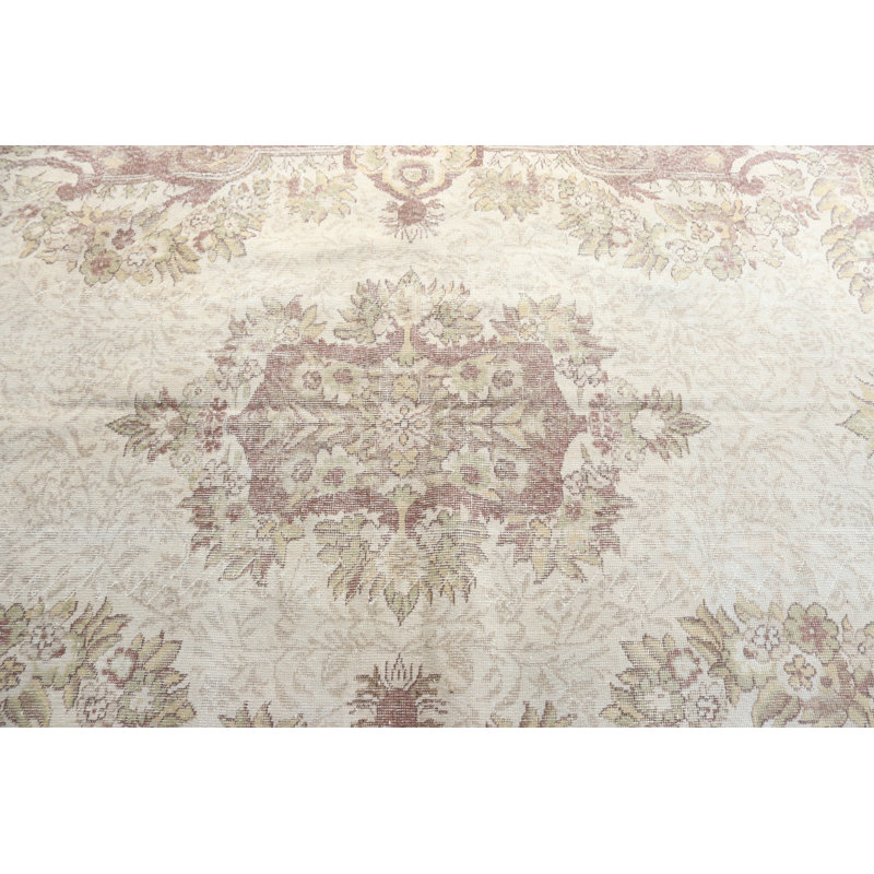 Grand tapis turc rétro de style Oushak avec motif beige et floral idéal pour la décoration de salon