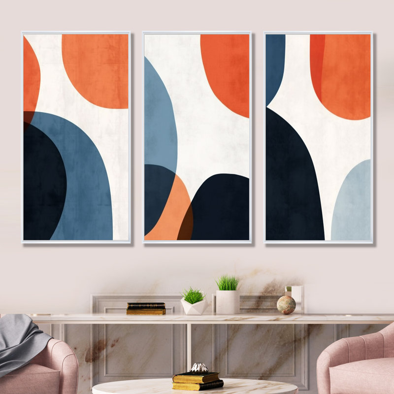 Ensemble de 3 décorations murales abstraites bleues et bleues, H 28 po x l 36 po, Cadre flottant blanc