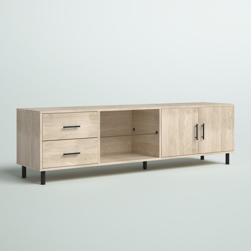Sabion 2-Drawer and 2-Door 70" TV Stand for 80" TVs with Glass Shelf, Birch