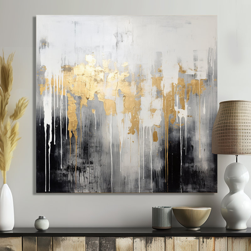 «Dripping Gold White Gray Black Gold - Abstract», reproduction d'art murale, H 16 po x l 16 po, Toile tendue