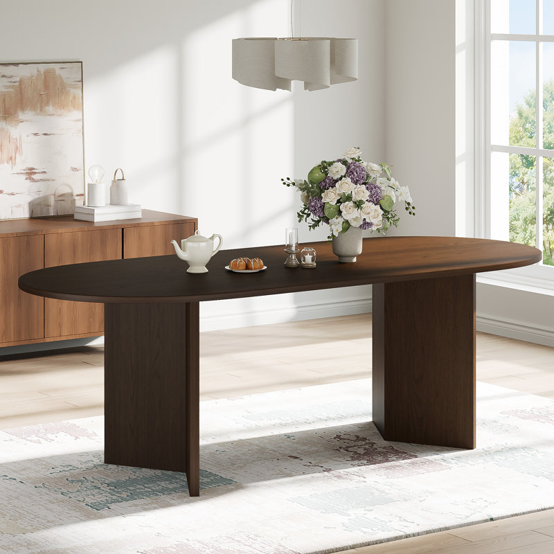 Oval Dining Table with Double Pedestal Solid Wood Kitchen Table, 30"H x 79"L x 33.5"W, Walnut