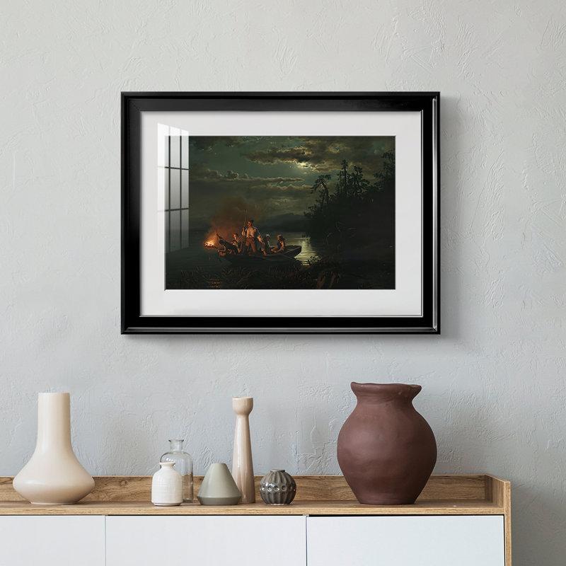 Pêche à la lueur des flambeaux (Lystringsfiske) - Hans Gude & Adolph Tid demande - reproduction encadrée avec passe-partout et verre - 1851