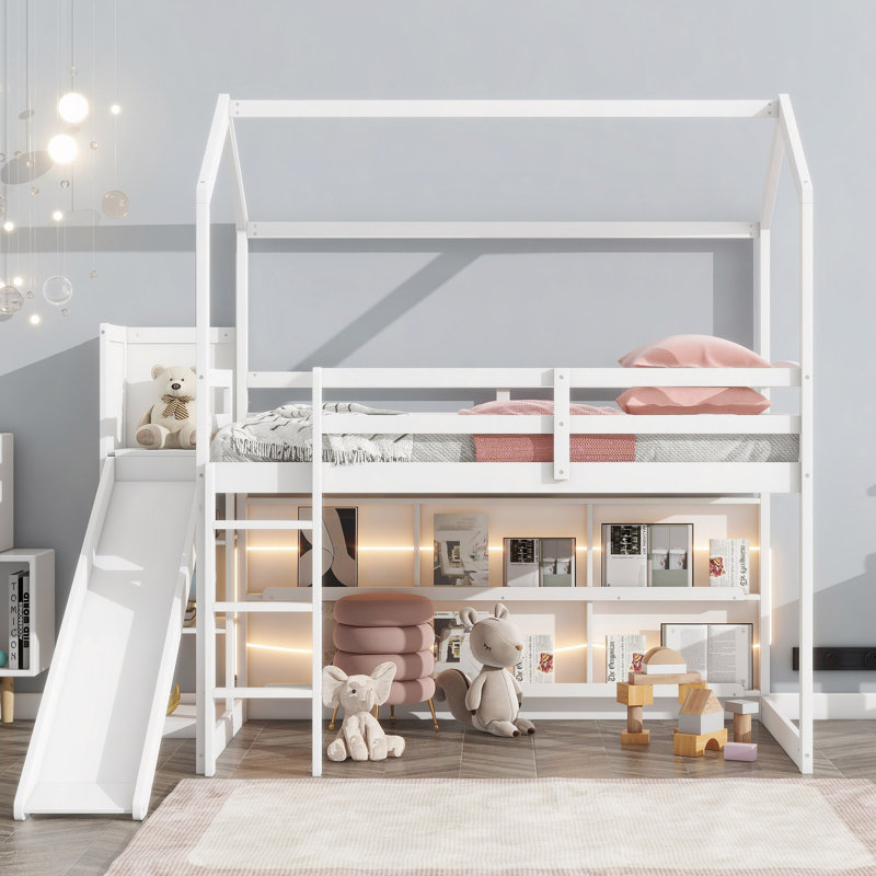Lit mezzanine en bois avec glissade, tablettes de rangement et lumière, Blanc