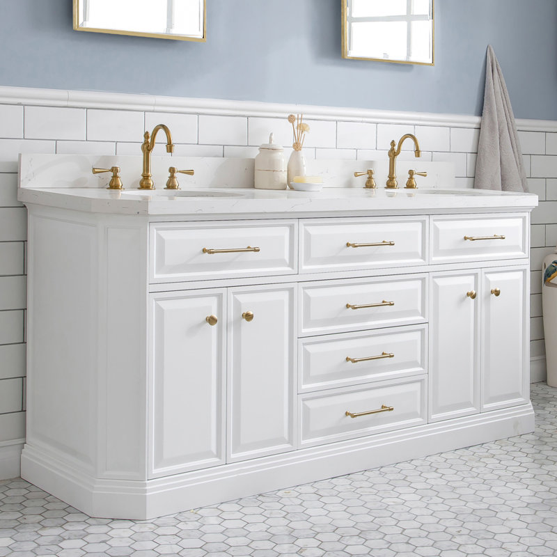 Ensemble de meuble-lavabo double 72 po Bruning, Blanc pur, Laiton satiné