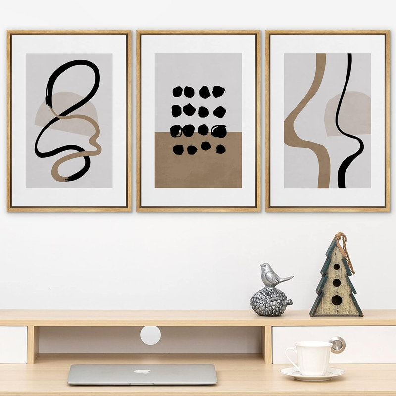 Linear Geometry " Brown Mid-Century Geometric Polygons Abstract Shapes Neutral Modern Art Decor Contemporary " 3 - Pieces