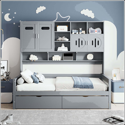 Lit de jour simple en bois avec 2 tiroirs et armoire et tablette tout-en-un