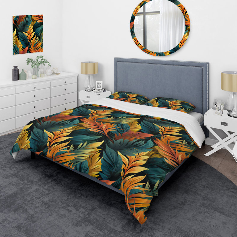 Literie Green and Orange Exotic Jungle Foliage II, Housse de couette pour grand lit et 2 taies décor