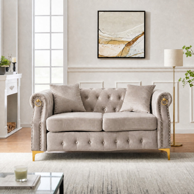  64.1" Retro-Style Velvet Loveseat, Beige