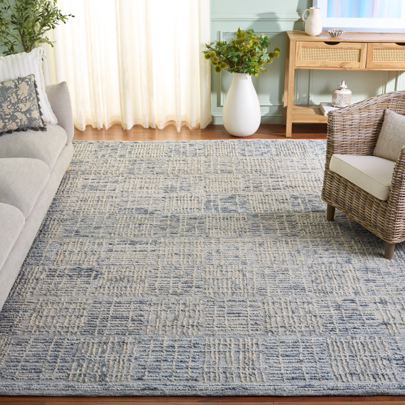 Westhoughton Abstract Hand Tufted Wool Cotton Geometric Rug in Light Blue/Ivory, Rectangle 8' x 10'