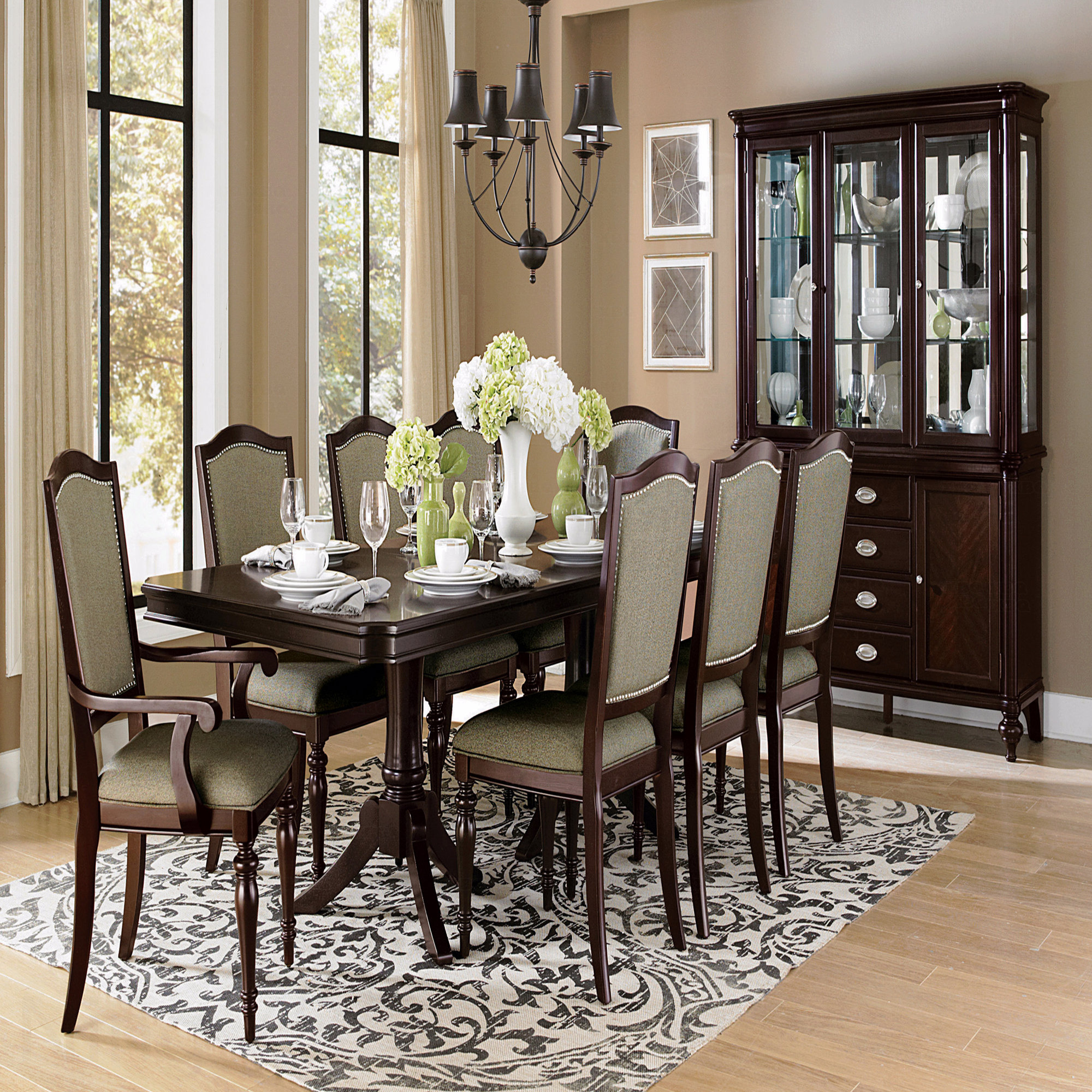George Oliver Double Pedestal Dining Table Dark Wood 96-Inch Extension