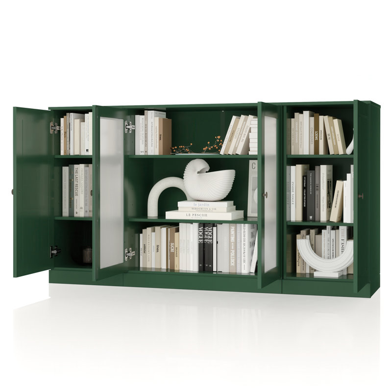 100% Solid Wood 65" Sideboard with Solid, Frosted Glass Doors and Adjustable Shelves, Green
