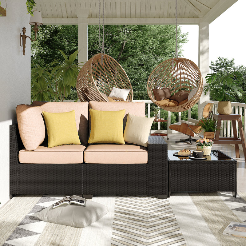 2 -Person Rattan Patio Safo With Cushions, Beige, Black