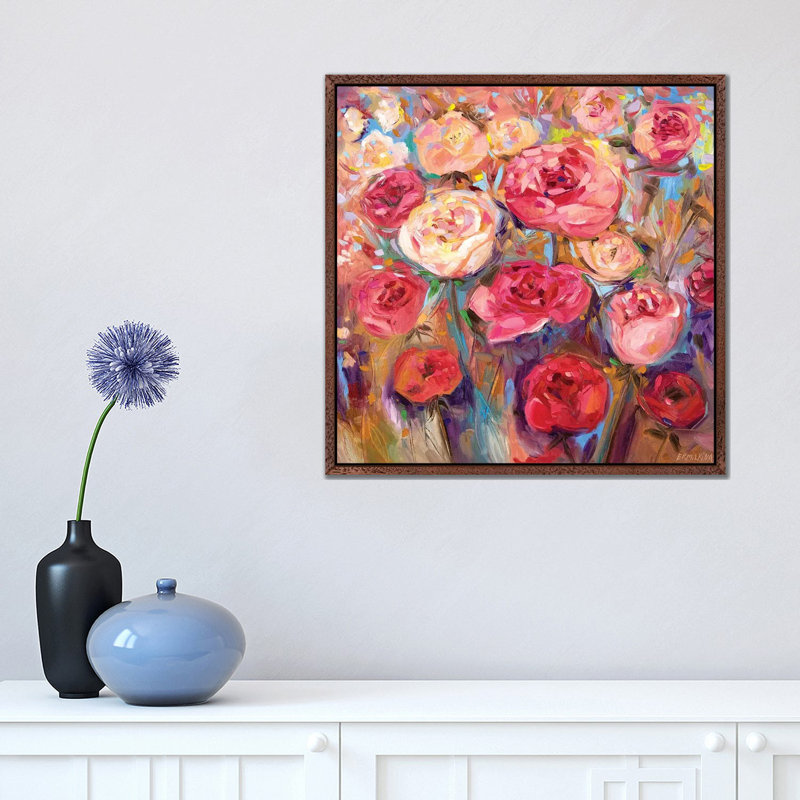 Roses 1 Piece Painting on Canvas, 45.72 cm H x 45.72 cm W, Classic Brown Wood Framed