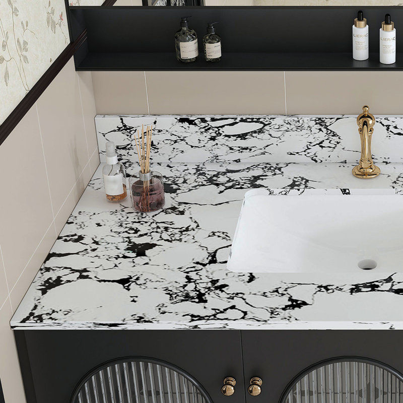 Plateau de meuble-lavabo 43 po x 22 po, avec lavabo et dosseret en céramique encastré, comptoir en marbre artificiel avec 1 trou pré-percé, blanc panda