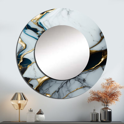 «Radunka Geode Abstract Gold and White Marble II», miroir mural rond blanc, art imprimé en métal