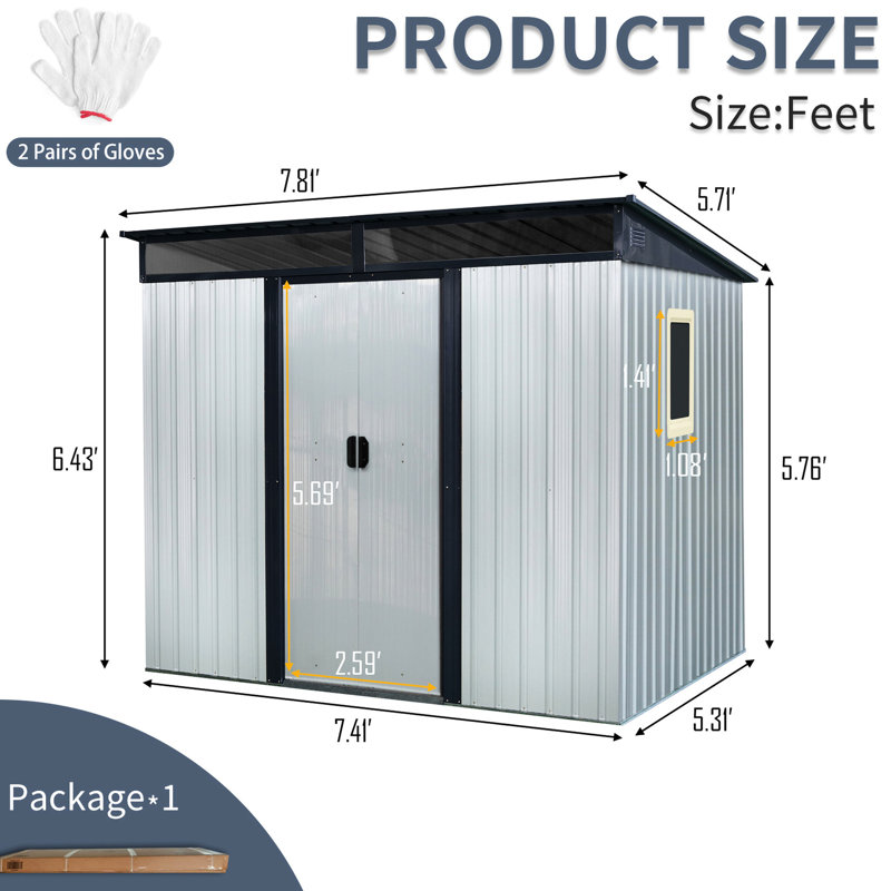 8x6 Ft Metal Garden Shed, With Rust- Material & Spacious Interior White Black Tool Ft, Steel Extra Hooks, White/Black