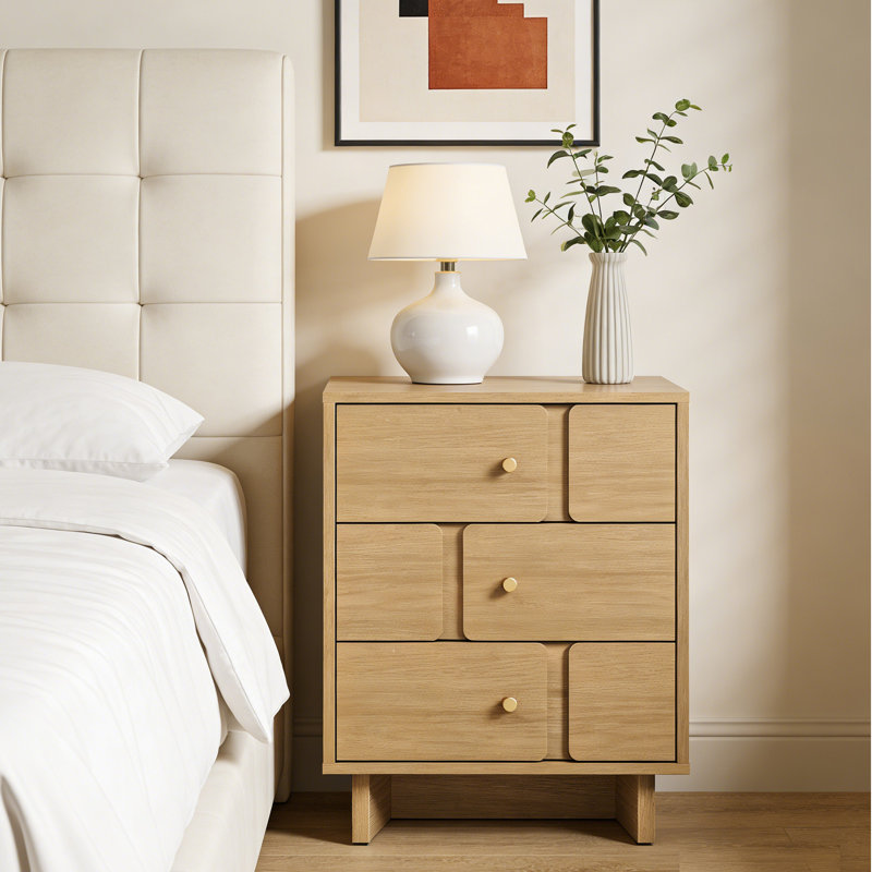 3-Drawer Nightstand, Solid Wood, Natural Oak Finish