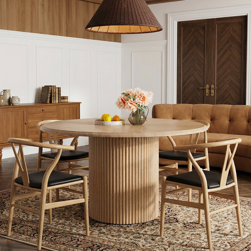 Table de salle à manger ronde 47 pouces avec base cylindrique cannelée en métal