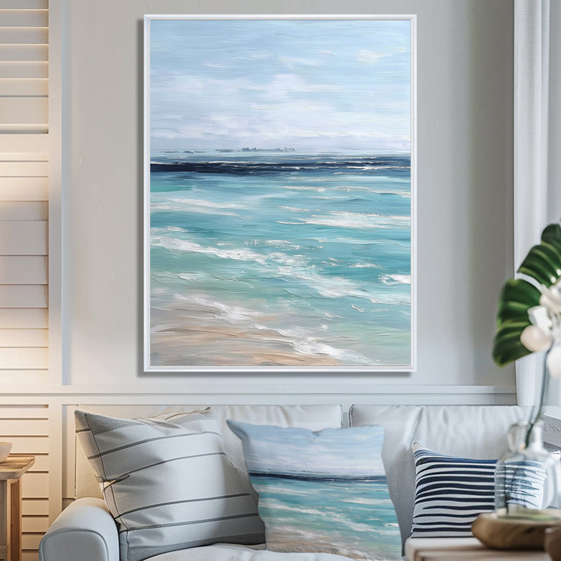 «Blue and White Coastal Beach Wonder», art encadré de plage, décoration murale bord de mer blanc, H 40 po x l 30 po, Blanc