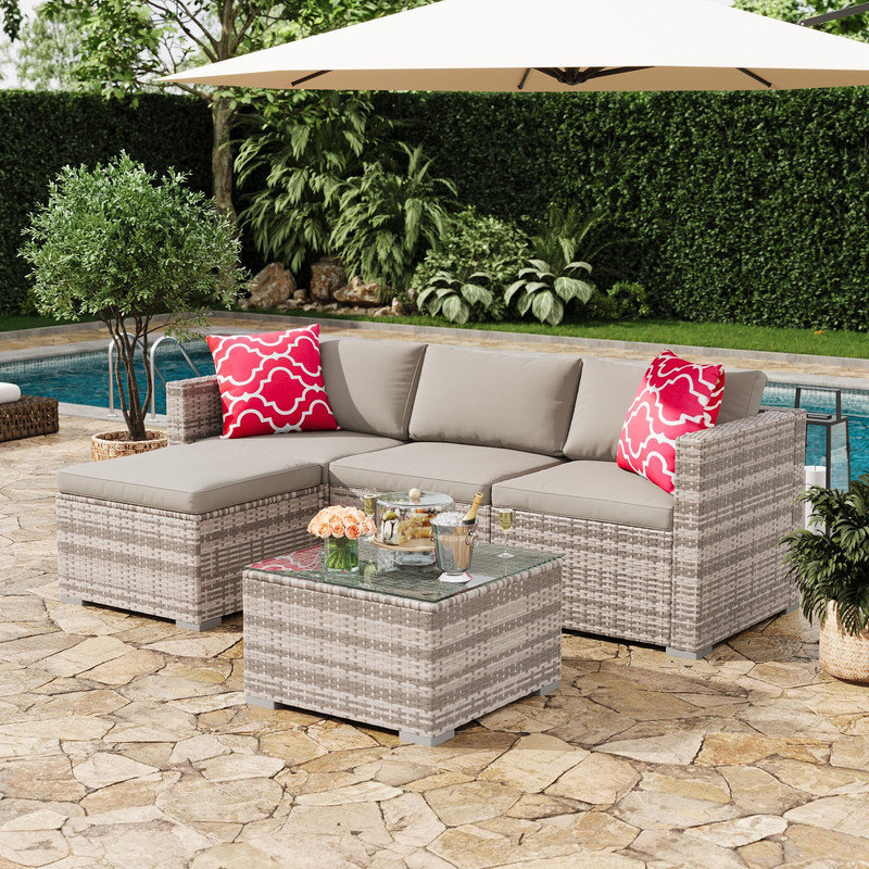 5-Piece L-Shaped Gray Wicker Patio Set – Sectional Sofa with Cushions, Coffee Table & Red Accent Pillows