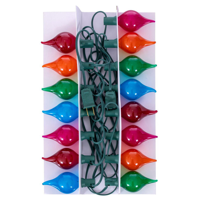 15 lights x 15' Mulitcolor LED G45 Glass Flame Tip light set. 12" spacing on green wire.
