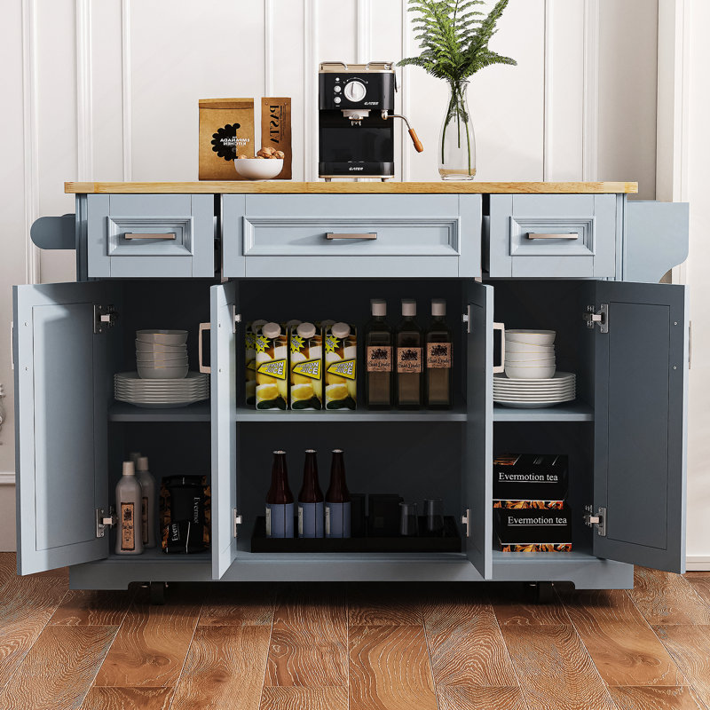 54Inch Large Kitchen Island With Rubber Wood Drop Leaf, Embossed Texture Rolling Kitchen Cart On 4 Wheels With 4 Doors And 3 Drawers, Kitchen Island With Storage For Kitchen, Dining Room,Grey Blue