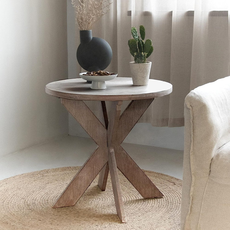 COZAYH Farmhouse Round Wooden End Table with Cross Legs, Vintage Grey Finish
