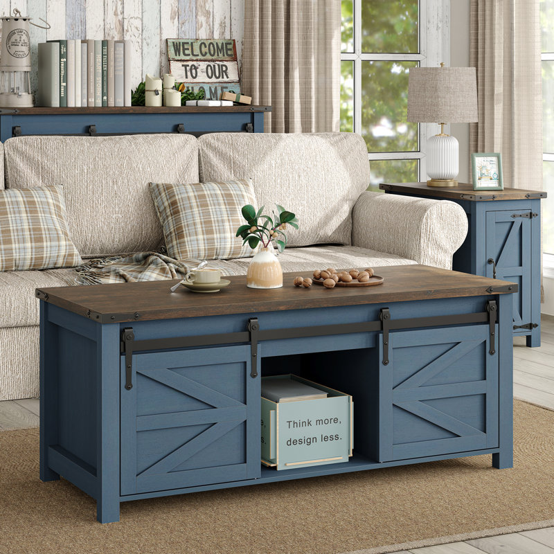 Jaquavion Coffee Table, Farmhouse Lift Top Coffee Table with Hidden Storage and Sliding Barn Door for Living Room