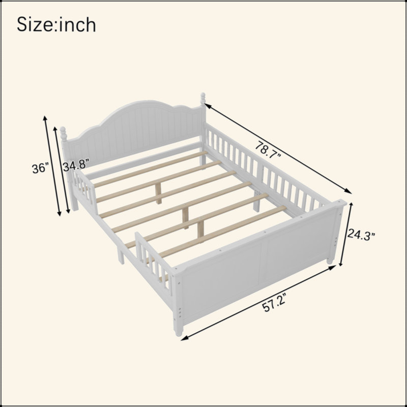 Lit pour enfants, lit plateforme double en bois avec tête et pied de lit, Blanc