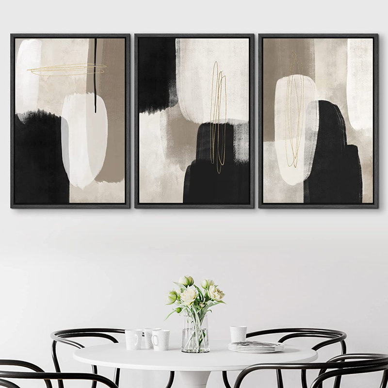 Ensemble de 3 peintures sur toile avec cadre flottant, H 36 po x l 72 po x P 1,5 po, Noir
