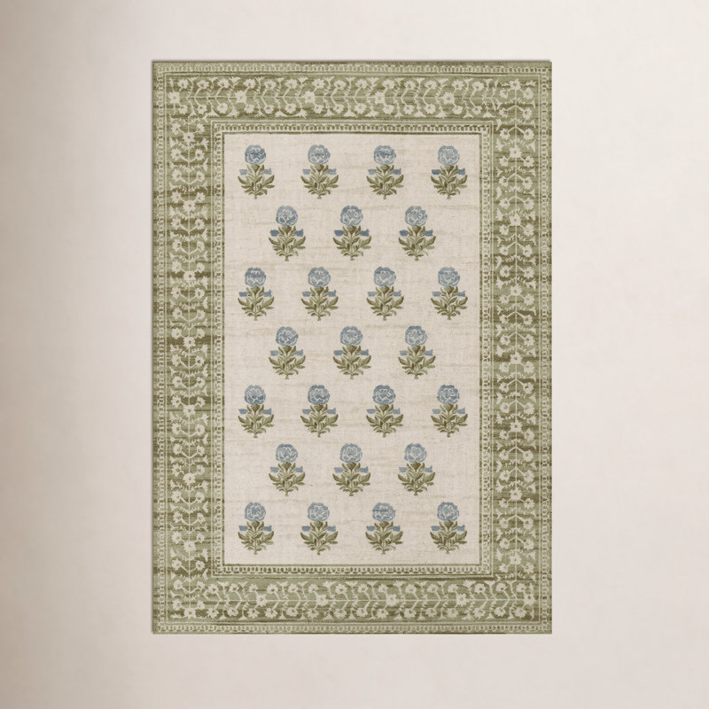 Anders Traditional Floral Wool and Nylon Green Area Rug, Runner 2'3" x 7'6"