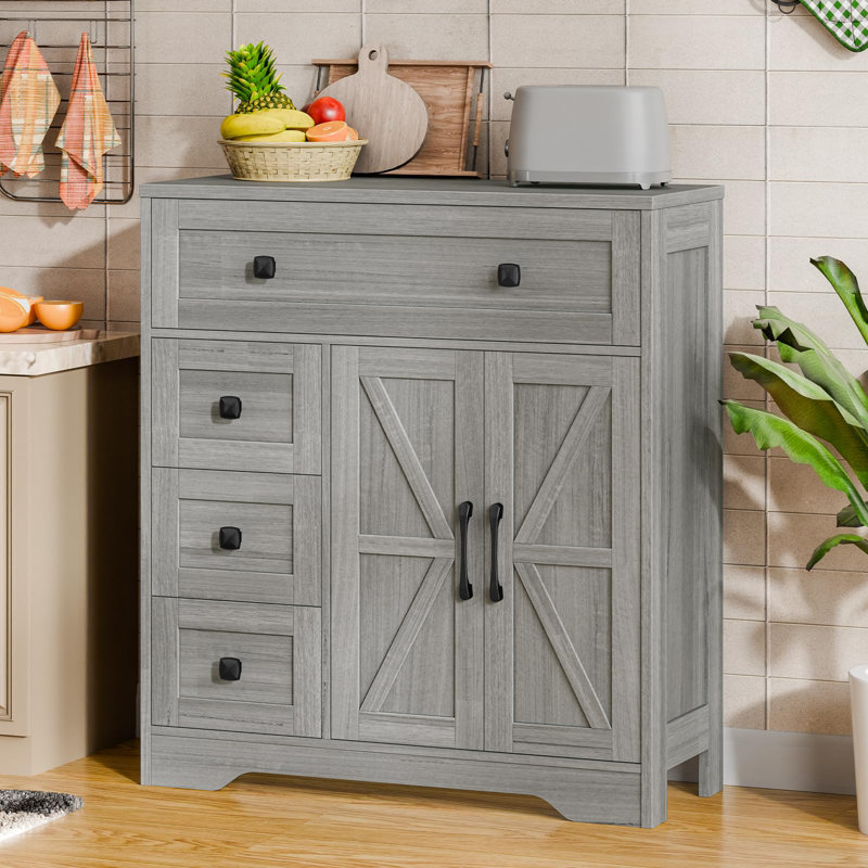 Farmhouse Storage Cabinet With 2 Doors And 4 Drawers, Wash Gray